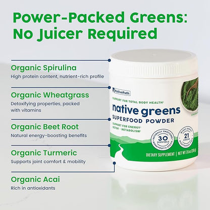NativePath Native Greens Superfood Powder - Daily Super Greens Powder with Organic Greens and Superfoods to Support Detox, Thyroid, and Gut Health for Energy and Positive Body Changes, 30 Servings