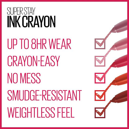 Maybelline Super Stay Ink Crayon Lipstick Makeup, Precision Tip Matte Lip Crayon with Built-in Sharpener, Longwear Up To 8Hrs, On The Grind, Purple Mauve Pink, 1 Count
