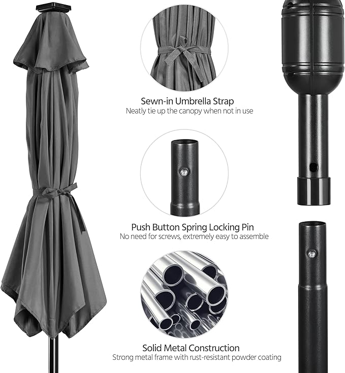 Yaheetech 9FT Solar Powered Patio Umbrella - UV Protection Market Table Umbrella w/ 32 LED Lights & Push Button Tilt & Crank Lift System for Garden/Lawn/Deck/Backyard/Pool, Gray