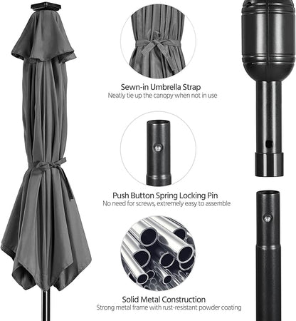 Yaheetech 9FT Solar Powered Patio Umbrella - UV Protection Market Table Umbrella w/ 32 LED Lights & Push Button Tilt & Crank Lift System for Garden/Lawn/Deck/Backyard/Pool, Gray