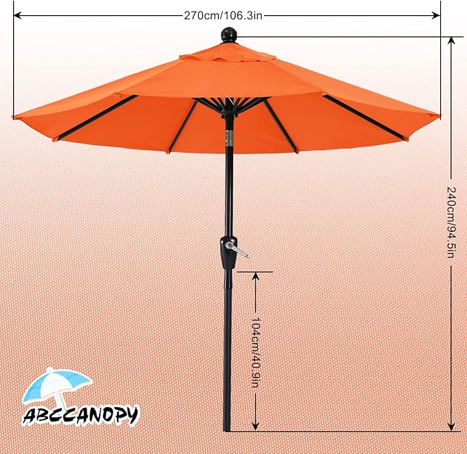 ABCCANOPY 9FT Outdoor Patio Umbrella, 8 Ribs Table Umbrella w/Crank for Easy Set Up, Suitable for Garden, Lawn, Deck & Backyard (Orange)