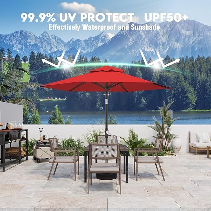 7.5FT Patio Umbrella Table Market Umbrella w/Tilt and Crank Heavy-Duty Round Outdoor Umbrellas for Garden, Deck, Backyard, Pool and Beach, Red