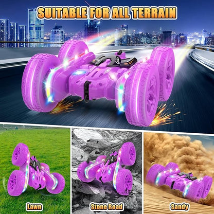 Remote Control Car,RC Cars with sides light strip and Headlights,Double Sided 360 Flips Rotating RC Stunt Car,2.4Ghz All Terrain Toys for Ages 4-6 Kid Toy for Boys Girls Birthday Gift(Purple)