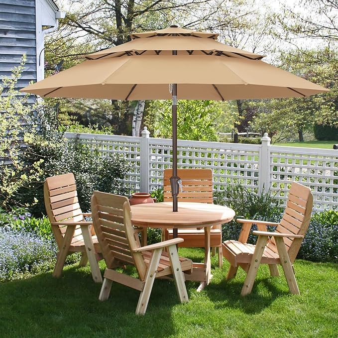 ABCCANOPY 11Ft 3 Tiers Market Umbrella Patio Umbrella Outdoor Table Umbrella (Khaki)