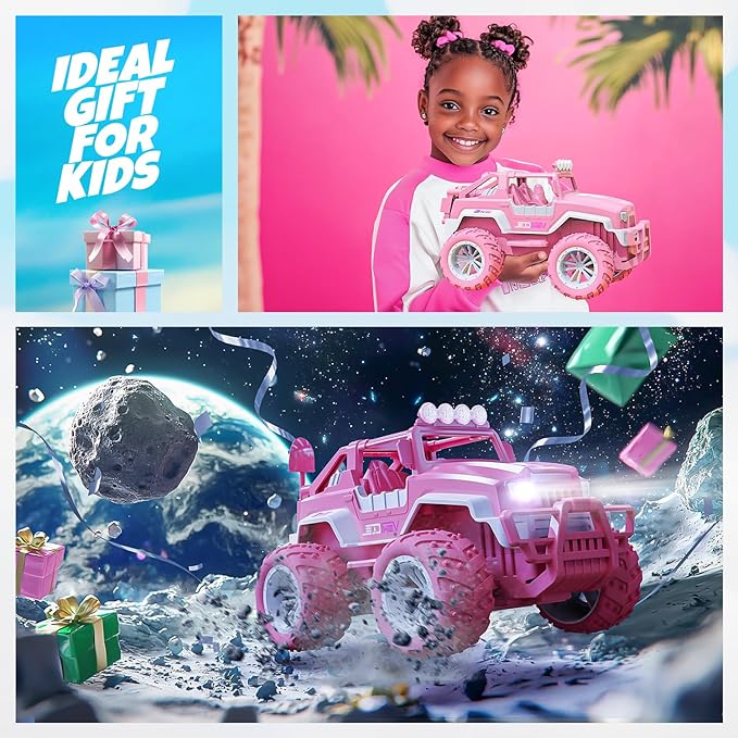 BEZGAR Remote Control Car for Girls - 1:16 Pink RC Cars with Action Figure & 4 Windmills, 2.4GHz with LED Lights, 80 Mins Play with Rechargeable Battery, Monster Truck Jeep Toys Gifts for Kids