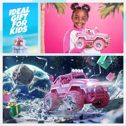 BEZGAR Remote Control Car for Girls - 1:16 Pink RC Cars with 2 Dolls & 4 Windmills, 2.4GHz with LED Lights, 80 Mins Play with Rechargeable Battery, Monster Truck Jeep Toys Birthday Gifts for Kids