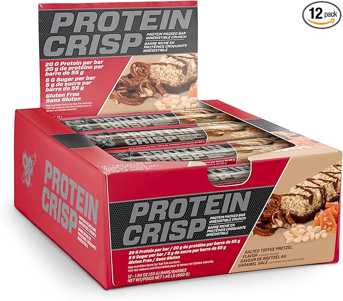 BSN Protein Crisp Bar, Protein Snack Bars, Crunch Bars with Whey Protein and Fiber, Gluten Free, Salted Toffee Pretzel, 12 Count (Packaging May Vary)
