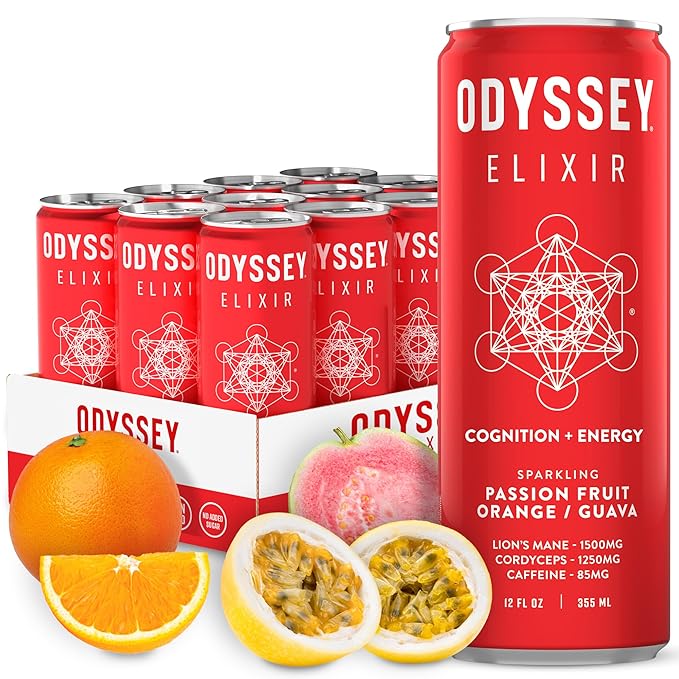 Odyssey Elixir Cognition + Sustainable Energy - Lion's Mane, Cordyceps, L Theanine, Ginseng & 85mg Green Tea Caffeine - 0 Added Sugar - No Jitters or Crash - Passion Fruit Orange Guava - 12 oz, 12 Pk