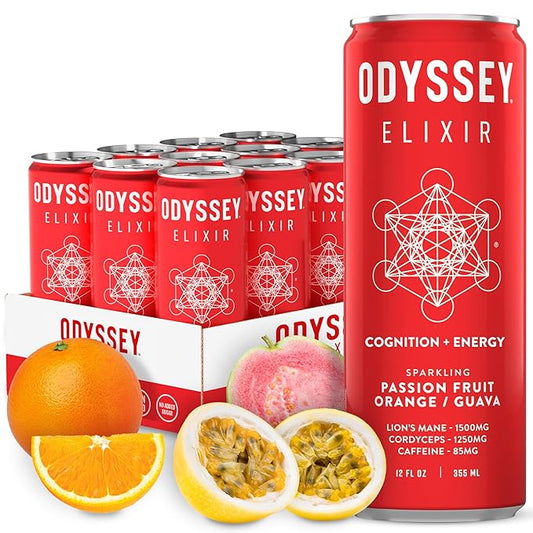 Odyssey Elixir Cognition + Sustainable Energy - Lion's Mane, Cordyceps, L Theanine, Ginseng & 85mg Green Tea Caffeine - 0 Added Sugar - No Jitters or Crash - Passion Fruit Orange Guava - 12 oz, 12 Pk