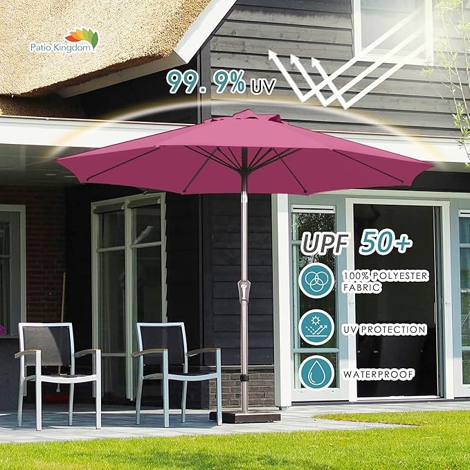 PatioKingdom 9FT Patio Outdoor Umbrella-UPF 50+ Sun Shade with Wind Vent, Push-Button Tilt & Smooth Crank Lift, Rust-Resistant Fiberglass Frame for Garden, Backyard,Yard