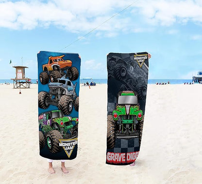 Jay Franco Monster Jam Team Up Kids Bath/Pool/Beach Towel - Features Grave Digger & Megalodon - Super Soft & Absorbent Cotton Towel, Measures 28 x 58 inches (Official Monster Jam Product)