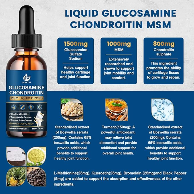 Glucosamine Chondroitin MSM Liquid Drops with Quercetin, Bromelain, Turmeric - Antioxidant, Immune Support, Support Joint Health Supplements for Men & Women, Vegan, Raspberry Flavor (2 Pack, 1 Fl Oz)