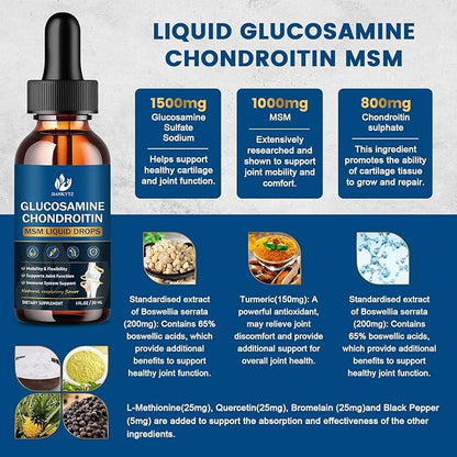 Glucosamine Chondroitin MSM Liquid Drops with Quercetin, Bromelain, Turmeric - Antioxidant, Immune Support, Support Joint Health Supplements for Men & Women, Vegan, Raspberry Flavor (2 Pack, 1 Fl Oz)