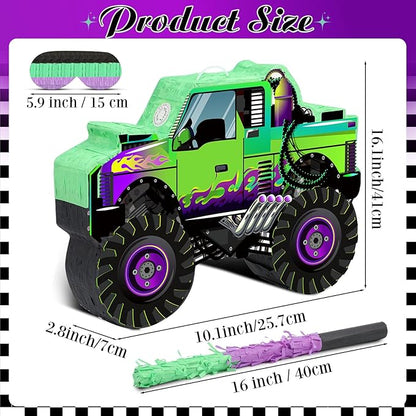 Threan Monster Truck Party Decorations Green and Purple Monster Truck Piñata Racing Car Piñata Game with Stick Blindfold for Adults Cool Birthday Party Decor Supplies