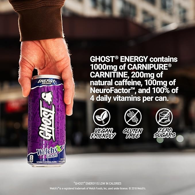 GHOST Energy Drink - 12-Pack, Welch's Grape, 16oz Cans - Energy & Focus & No Artificial Colors - 200mg of Natural Caffeine, L-Carnitine & Taurine - Gluten-Free & Vegan