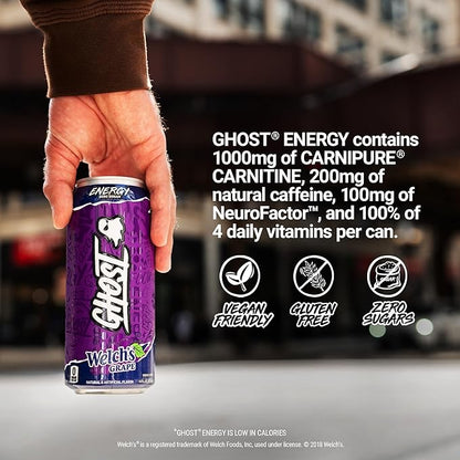 GHOST Energy Drink - 12-Pack, Welch's Grape, 16oz Cans - Energy & Focus & No Artificial Colors - 200mg of Natural Caffeine, L-Carnitine & Taurine - Gluten-Free & Vegan