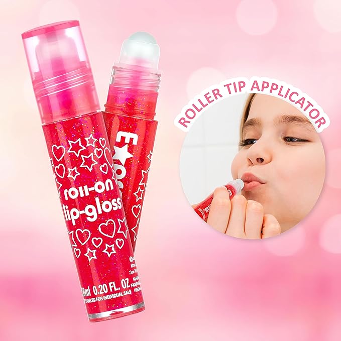 Expressions 16pc Roller-Ball Glitter Lip Gloss Set, 8 Assorted Fruit Flavored Roll On Rollerball Lip Gloss for Kids, Safe, Non Toxic Kids Makeup Set