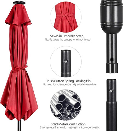 Yaheetech 9FT Solar Powered Patio Umbrella - UV Protection Market Table Umbrella w/ 32 LED Lights & Push Button Tilt & Crank Lift System for Garden/Lawn/Deck/Backyard/Pool,Red
