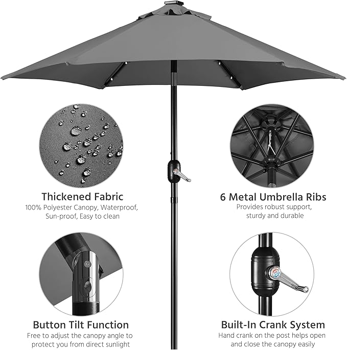 Yaheetech 7.5 ft Solar Patio Umbrella LED Lighted Umbrella with Tilt and Crank Lift System, Table Market Sunshade for Garden, Deck, Backyard, Pool and Beach, Grey