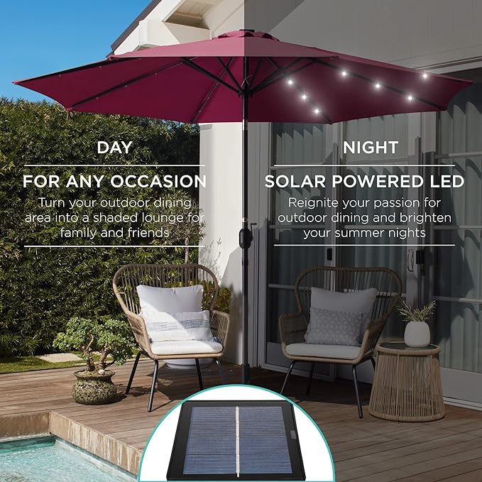 Best Choice Products 10ft Solar Polyester LED Lighted Patio Umbrella w/Tilt Adjustment and UV-Resistant Fabric - Burgundy