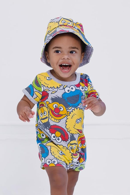 Sesame Street Elmo Cookie Monster Big Bird Romper and Bucket Sun Hat Newborn to Toddler