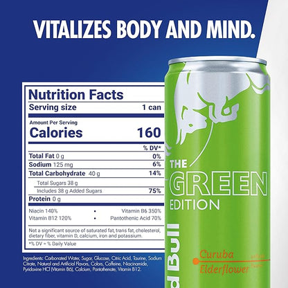 Red Bull Green Edition Energy Drink, Curuba Elderflower, with 114mg Caffeine plus Taurine & B Vitamins, 12 Fl Oz, 6 Packs of 4 Cans (Pack of 24)