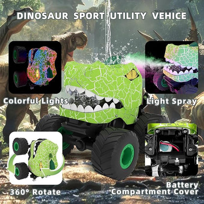 Dinosaur Remote Control Car,RC Monster Trucks for Boys 3-12 Year Old,360° Rotating RC Stunt Car Truck Toys with Spray,Light & Sound,All Terrain RC Cars Birthday Party Gift for Kids (Green)