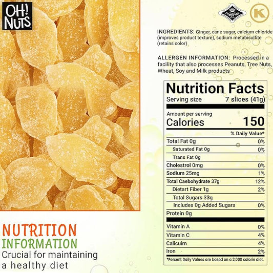 Oh! Nuts Ginger Candy - 1 lb - Dried Fruit Slices - with Crystallized Sugar Candied Coating - Dehydrated Fruit Bites - Packed in New York Zip-Seal Bag for Exceptional Freshness