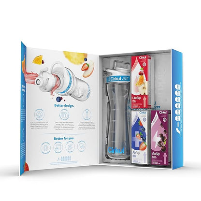 Cirkul 22oz. BPA-Free Plastic Water Bottle Starter Kit with Blue Lid, 3 Flavor Cartridges (1 LifeSip Fruit Punch, 1 FitSip Mixed Berry, 1 GoSip Black Cherry) Zero Calories and No Sugar