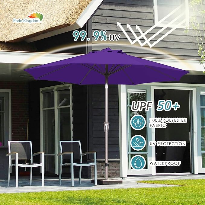 PatioKingdom 9FT Patio Outdoor Umbrella-UPF 50+ Sun Shade with Wind Vent, Push-Button Tilt & Smooth Crank Lift, Rust-Resistant Fiberglass Frame for Garden, Backyard,Yard