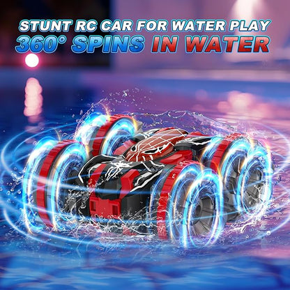 Waterproof Remote Control Car，4WD Amphibious 2.4 GHz RC Car Remote Control Boat，360°Rotation RC Stunt with LED Lights，Boys Girls Gifts All Terrain Water Beach Pool Toy Black