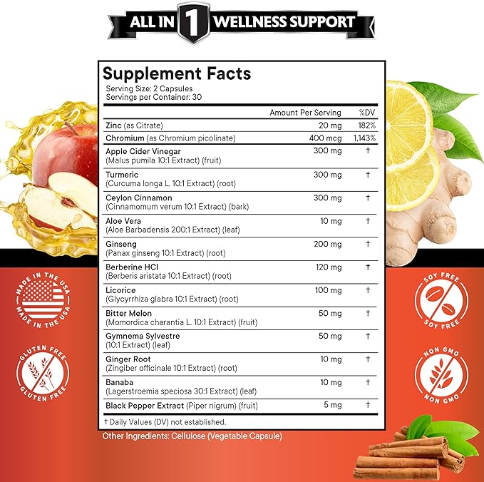 Ceylon Cinnamon, Turmeric, Apple Cider Vinegar, Ginseng, Aloe Vera, Berberine Plus Banaba, Ginger Root - 60 Count