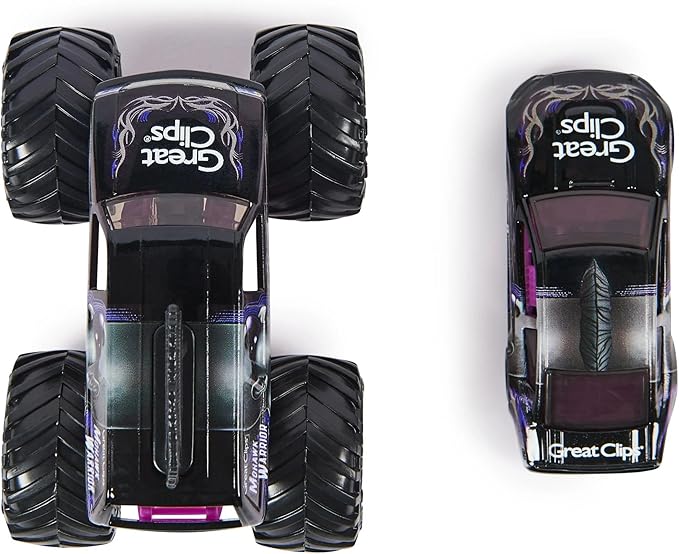 Monster Jam Official 1:64 Scale Diecast 2-Pack Monster Truck and Race Car Series 4 Mohawk Warrior, Purple