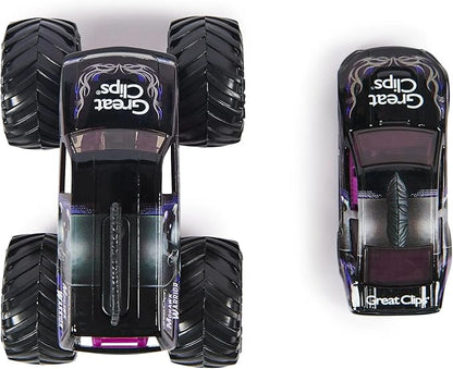 Monster Jam Official 1:64 Scale Diecast 2-Pack Monster Truck and Race Car Series 4 Mohawk Warrior, Purple