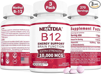 B12 Vitamins 10,000 mcg, Methylated Vitamin B12 Sublingual - Energy Boost, Focus, Metabolism & Brain Health Support, Immune System Support, Fast Dissolve, Natural Strawberry Flavor, 270 Servings