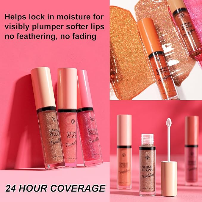 Red Lip Gloss Women Girls Plumping Lip Gloss Glitter Tinted Lip gloss Oil Plumper Hydrating Long Lasting Moisturizing Non Sticky Makeup lip gloss (08# Rose Red Shimmer)