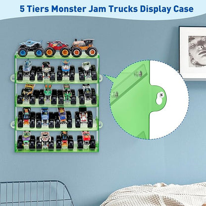 Assembly Monster Trucks Display Case Holding for 20 Monster Trucks Acrylic Storage Case 5 Tiers Monster Trucks Organizer with Tilted Design, Display Case for Toy Trucks (Green)