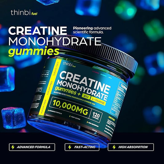 Creatine Gummies Monohydrate Complex 10,000mg for Men & Women -120 Gummies Advanced Formula W/L-Taurine + Vitamin B12 for Muscle Strength, Muscle Builder, Energy Boost, Pre-Workout Supplement -Thinbi