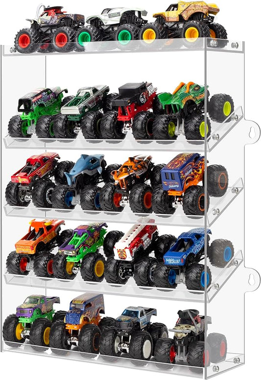 Assembly Monster Trucks Display Case Holding for 20 Monster Trucks Acrylic Storage Case 5 Tiers Monster Trucks Organizer with Tilted Design, Display Case for Toy Trucks (Transparent)