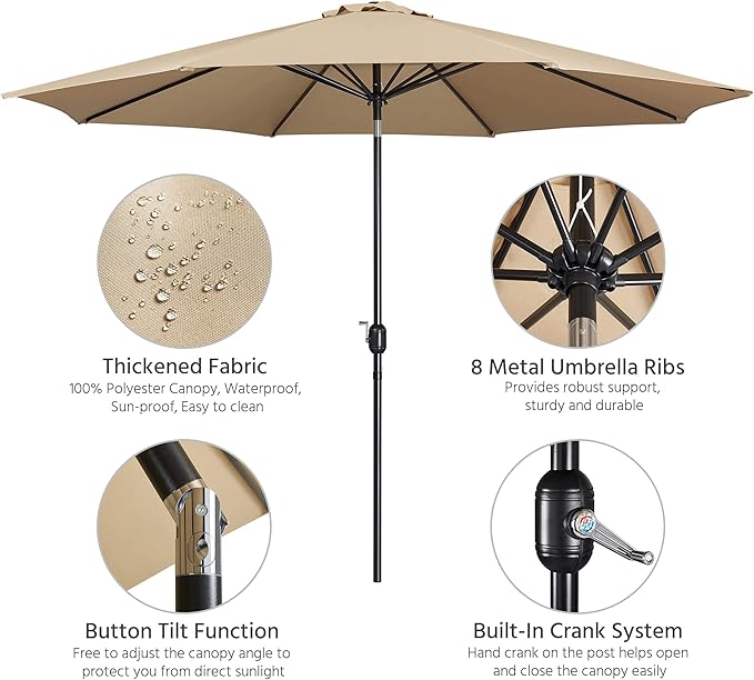 Yaheetech 11FT Patio Umbrella Outdoor Market Table Umbrella with Push Button Tilt & Crank for Garden/Lawn/Deck/Backyard/Pool/Beach, 8 Ribs, Tan