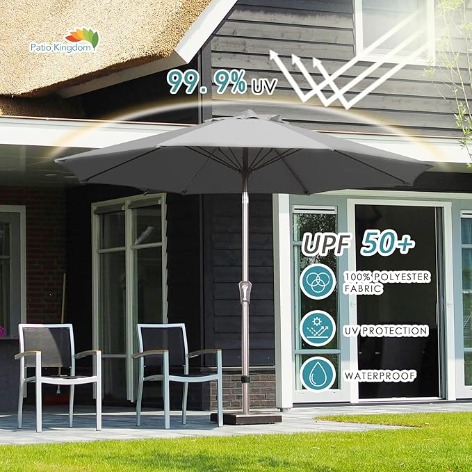 PatioKingdom 9FT Patio Outdoor Umbrella-UPF 50+ Sun Shade with Wind Vent, Push-Button Tilt & Smooth Crank Lift, Rust-Resistant Fiberglass Frame for Garden, Backyard,Yard