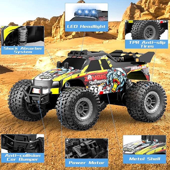 Remote Control Car for Kids Ages 6-12, High-Speed 2.4GHz Monster Truck with Flash LED Lights & Two Rechargeable Batteries – 80 Min Playtime, Off-Road Adventure Toy for Boys & Girls