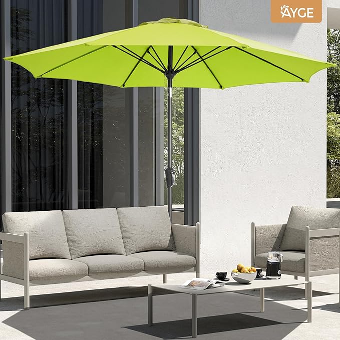 Ayge 9FT Large Outdoor Patio Umbrella Market Table Umbrella-UV Resistant, Easy Push Button Tilt and Crank, 8 Sturdy Fiberglass Ribs Heavy-Duty Pool Umbrella for Deck, Backyard,Garden
