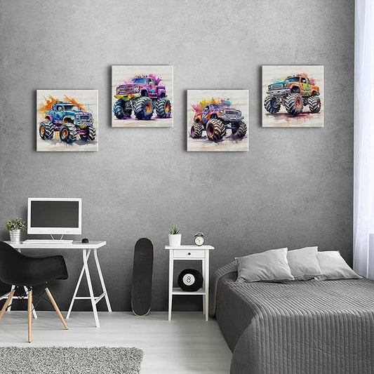 Monster Truck Canvas Wall Art Watercolor Cartoon Car Color Racing Painting Vintage Car Posters Kids Boys Room Wall Decor Trucks Poster for Boy Bedroom Nursery Paintings Children Gifts Framed 20×20"x4