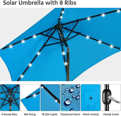 Yaheetech 7.5FT Solar Umbrella LED Lighted Patio Umbrella Waterproof & UV Protection, Market Sunshade w/Tilt and Crank for Backyard, Deck and Pool, Sky Blue