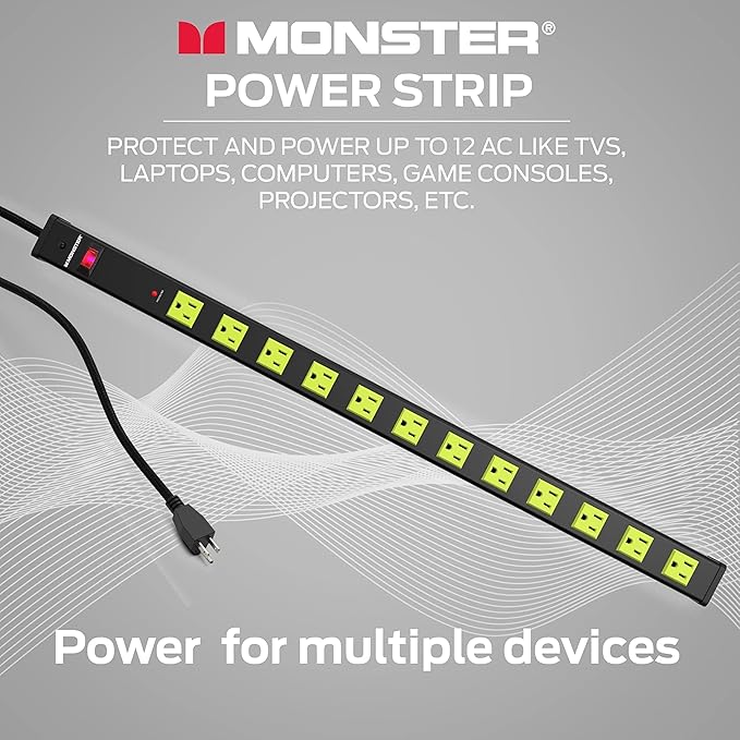 Monster Workshop Heavy-Duty Garage Power Strip Surge Protector - Mountable Heavy-Duty Wide-Spaced 12 Grounded AC Outlets with 6ft Plug Chord- 4200 Joules - ETL Listed