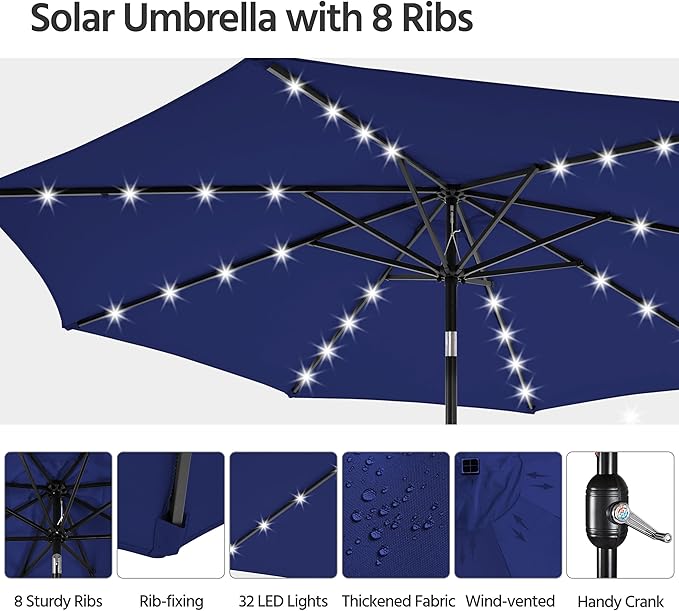 Yaheetech 10FT Solar Patio Umbrella 32 LED Lighted Table Market Umbrella with Tilt and Crank for Garden, Deck, Backyard, Pool and Beach, Navy Blue