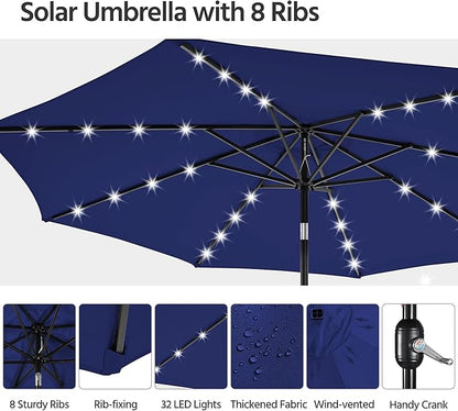 Yaheetech 10FT Solar Patio Umbrella 32 LED Lighted Table Market Umbrella with Tilt and Crank for Garden, Deck, Backyard, Pool and Beach, Navy Blue