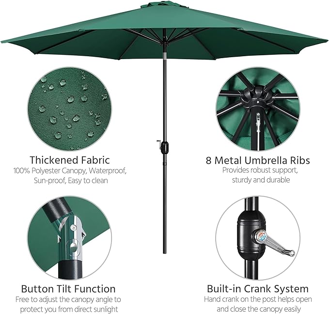 Yaheetech 11FT Patio Umbrella Outdoor Market Table Umbrella with Push Button Tilt & Crank for Garden/Lawn/Deck/Backyard/Pool/Beach, 8 Ribs, Dark Green