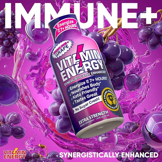 Vitamin Energy Immune+ Extra Strength Daily Energy Shot – Grape – 260mg Natural Caffeine, B-Vitamins, Green Tea, Citicoline – Immune & Focus Support – Zero Sugar, Vegan – 1.93 fl oz, 12-Pack